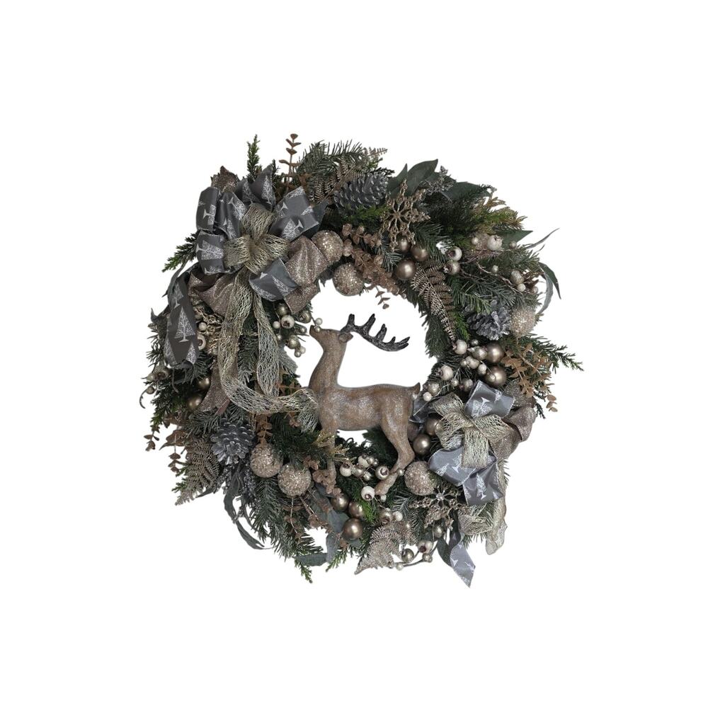 Handmade Christmas Wreath Deer Stag Gold Silver Berries Balls Ribbon 25"